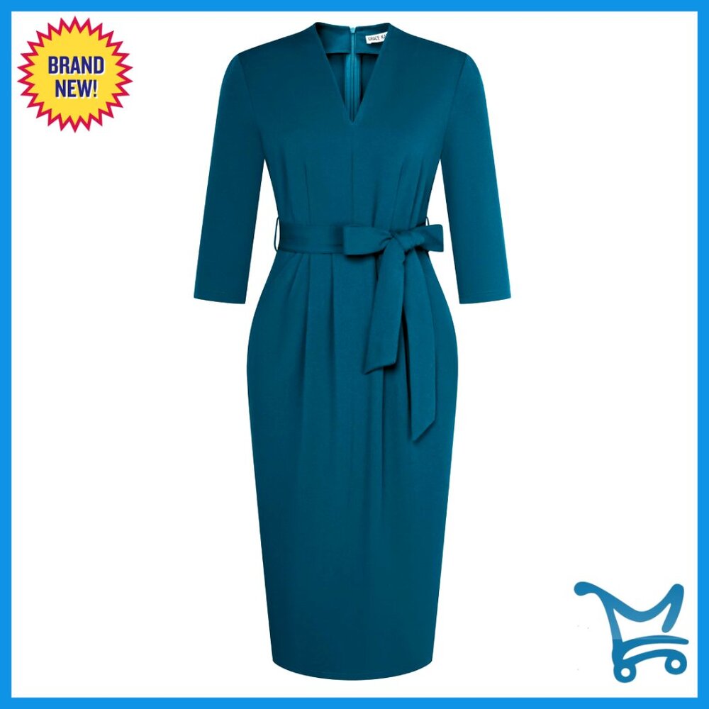 V-Neck 3/4 Sleeve Work Dress With Pockets, Back Zipper, Tie Waist